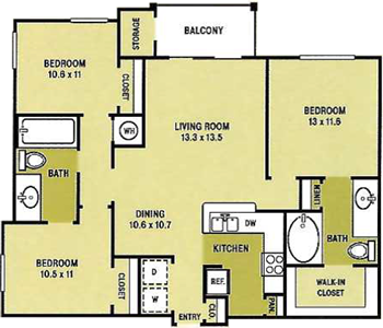 The Laurel - Three Bedroom / Two Bath - 1,277 Sq.Ft.*